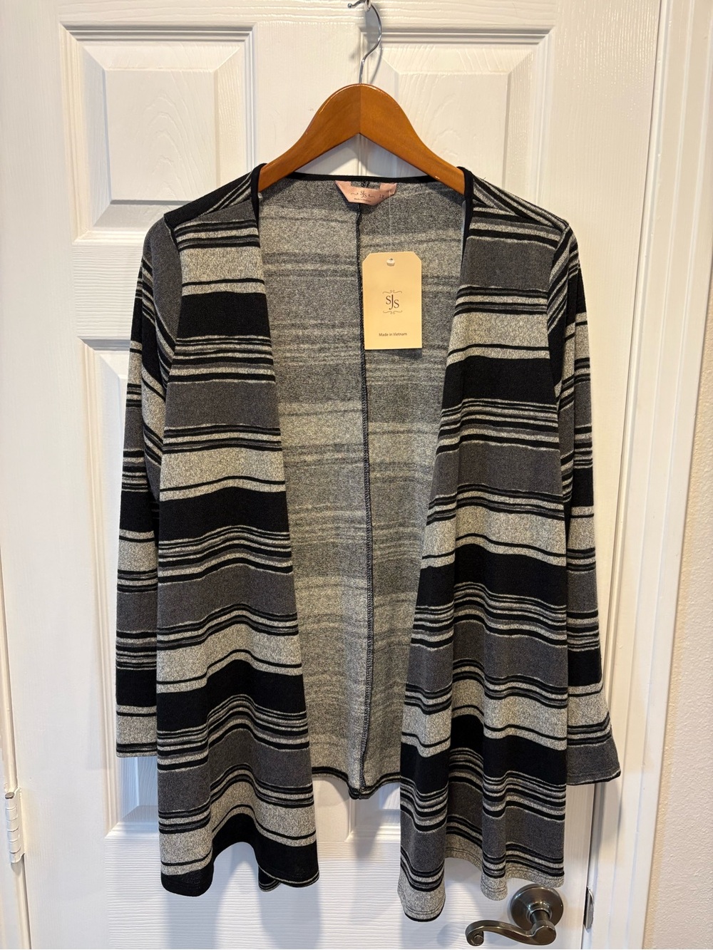 SJS Black & Gray Striped Open-Front Knit Cardigan